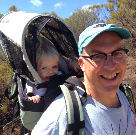 Maeve riding on my back on our hike in the Santa Monica Mountains about a month ago. Photo by Carrie