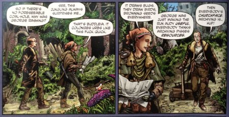An example of Alan Moore dialogue from Crossed Plus One Hundred, No.1, Page 6, panels 2-3. Art by Gabriel Andrade