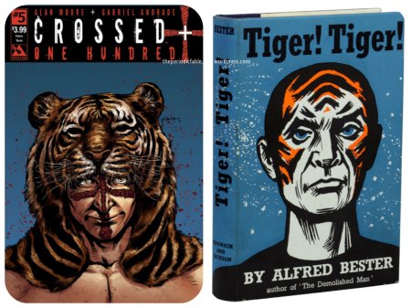 Crossed Plus One Hundred No.5 future tense cover, art by Gabriel Andrade (left) and its source 1950s sci-fi novel Tiger! Tiger! 